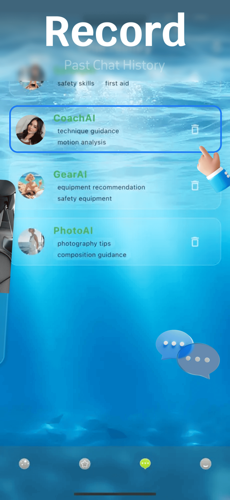 Raffo app screenshot showing chat history with specialized AI mentors for rafting technique and gear guidance