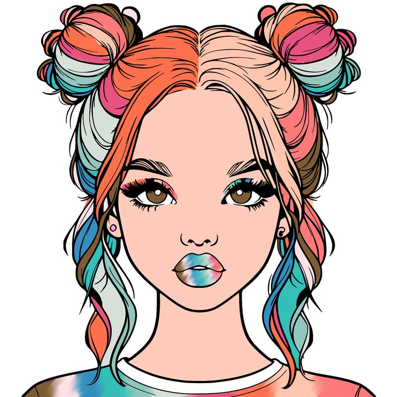 realistic girl with two buns in hair and lips