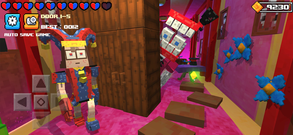 Crafty Amazing Digital Circus - Pomni character exploring a blocky circus corridor in a mascot horror mobile game