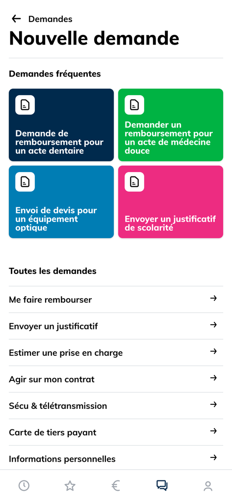 Interface of the Mercer ma sante app showing options for starting new health insurance reimbursement requests and administrative tasks