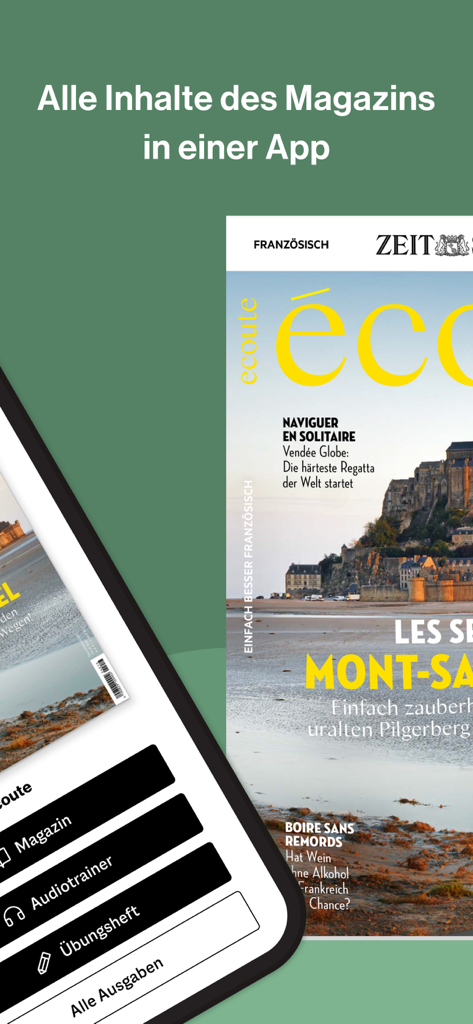 Interface de l'application d'apprentissage du français Écoute présentant le contenu du magazine et les options de menu