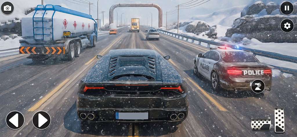Highway Car Racing Games 2025 - Black sports car racing on a snowy highway near a police car and tanker
