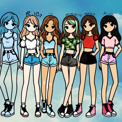 a group of girls wearing crop tops and shorts