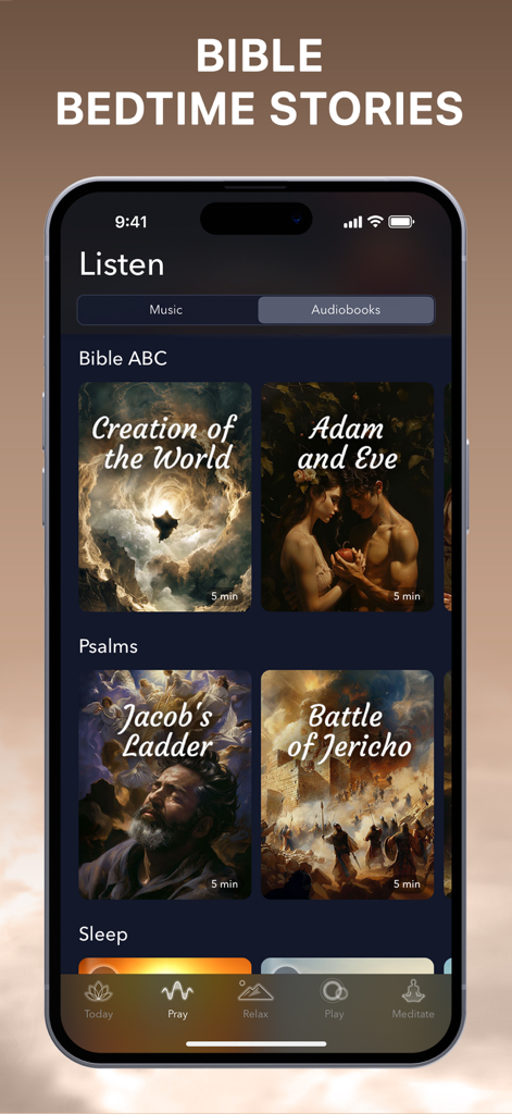 Interface of BlessedPath app showing a collection of illustrated Bible bedtime stories and audiobooks for sleep.