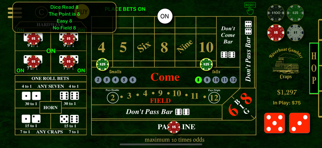 Riverboat Gambler - Riverboat Gambler craps table simulation showing realistic betting layout and dice rolls