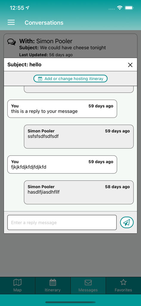 Warmshowers App - The messaging screen of the Warmshowers app showing a conversation between a cyclist and a host.