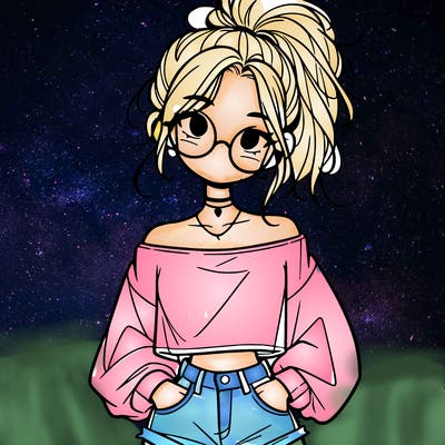 girl with a messy ponytail glasses a baggy crop top and jean shorts