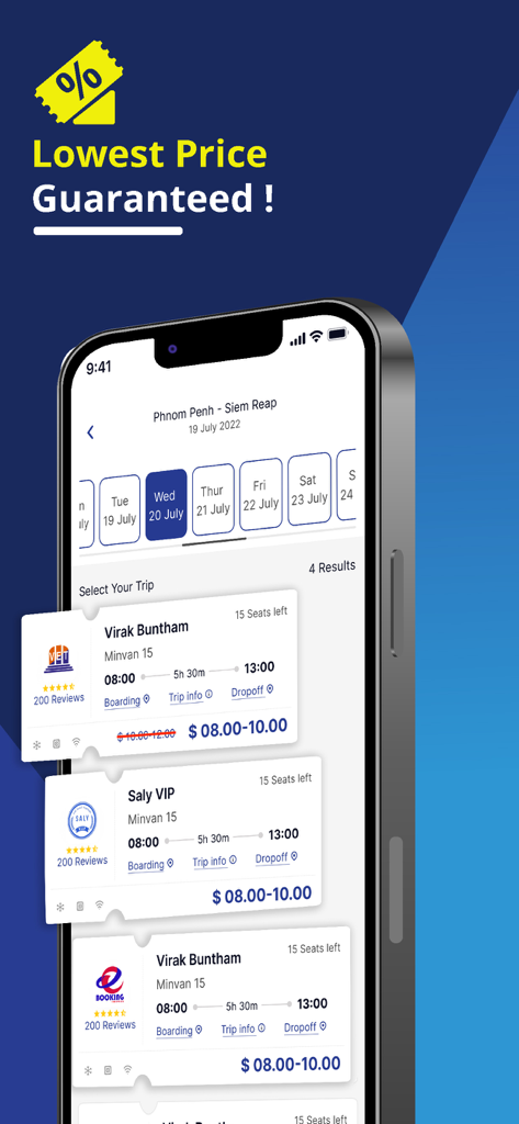 Camboticket - Camboticket mobile app interface showing bus and minivan ticket options from Phnom Penh to Siem Reap with prices and reviews