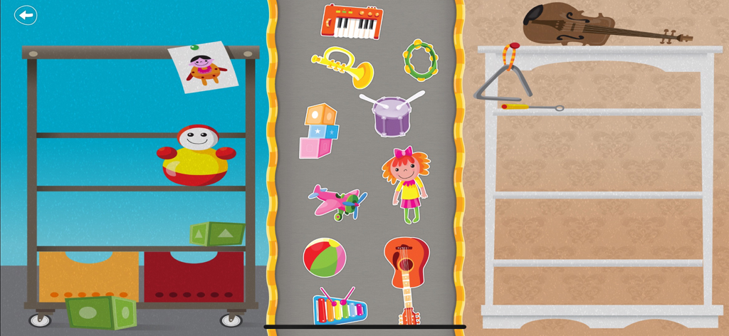 Baby Games: Ad-Free Learning - Schermata di un gioco educativo per bambini che mostra un'attività di classificazione basata sulla logica per giocattoli e strumenti musicali.