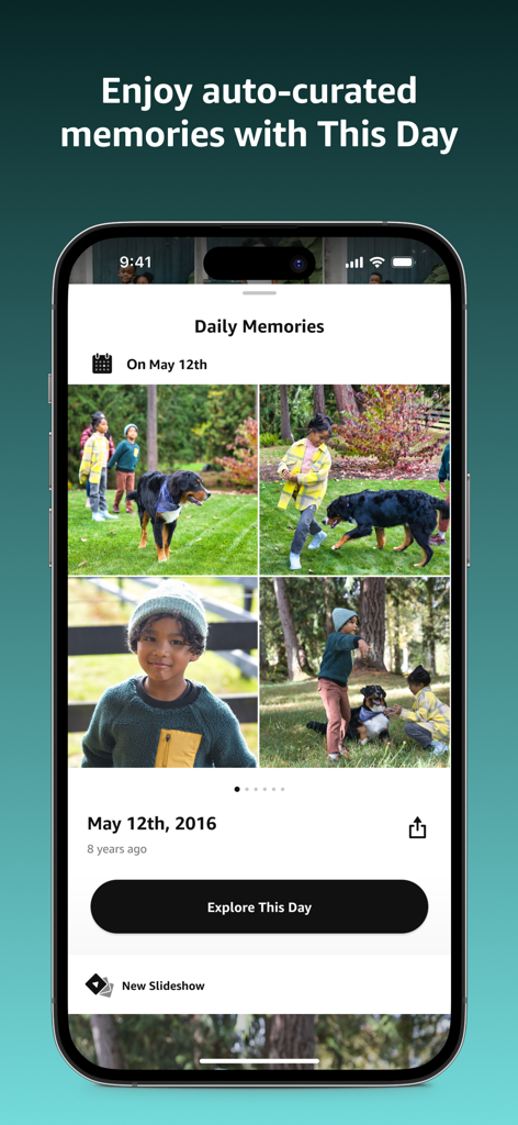 Amazon Photos 앱이 '오늘의 추억' 기능으로 자동 큐레이션된 일일 추억을 표시함
