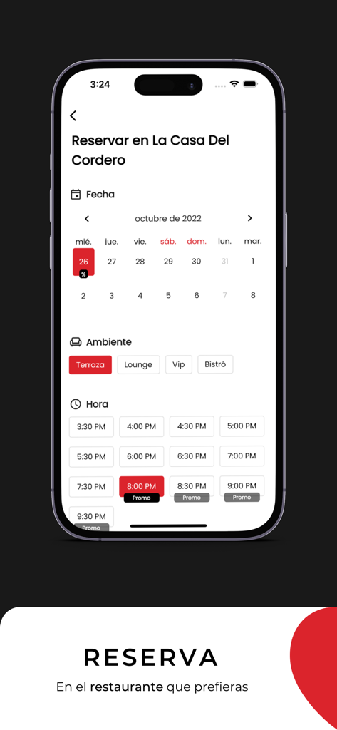 Schermata di uno smartphone che mostra l'interfaccia di prenotazione dell'app Reservado con selezione di data e ora per una prenotazione al ristorante