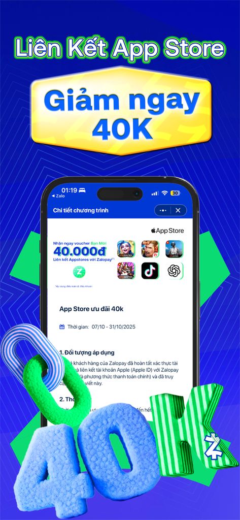 Apple App Storeとの連携で4万ドンの割引キャンペーンを表示したZalopayモバイルアプリのスクリーンショット