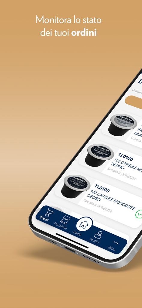 My Nims - Schermata dello smartphone che visualizza lo stato dell'ordine delle capsule di caffè nell'app My Nims