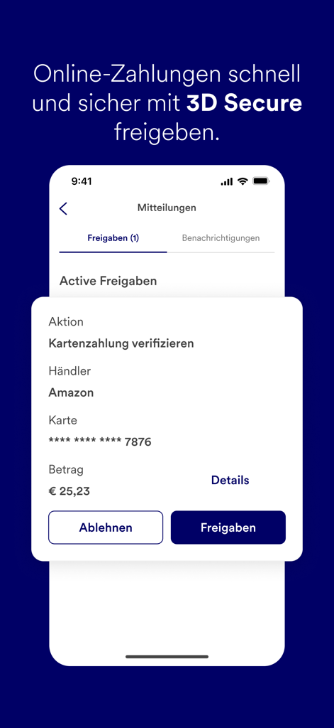 PayLife mobile app interface showing a 3D Secure payment authorization request for an Amazon transaction.