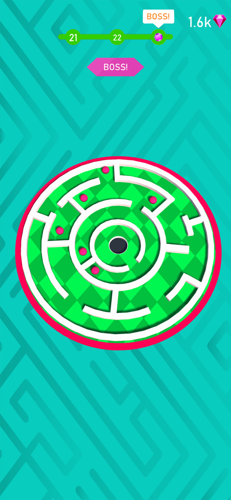 3D Maze: Tilt Puzzle Game - Gameplay screenshot of the 3D Maze Tilt Puzzle game showing a circular green checkered boss level with pink balls and level progress bar.