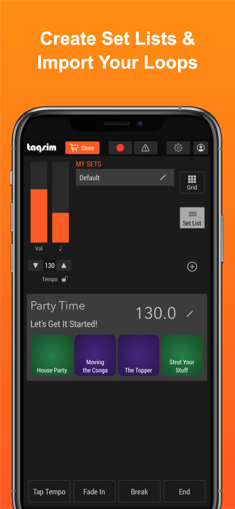 Drum Pad Pro Loop & Beat Maker - Drum Pad Pro App-Oberfläche, die eine benutzerdefinierte Setliste mit Loop-Pads für Live-Musik-Performance anzeigt