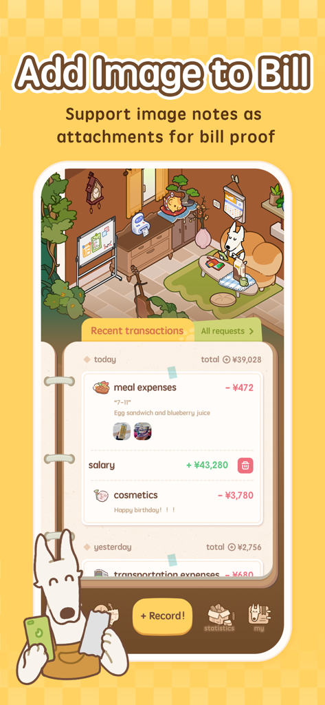 MoneyUP - Money Tracker App - MoneyUP app screenshot showing the feature to add photo attachments to expense records with the cute dog mascot Tomi.