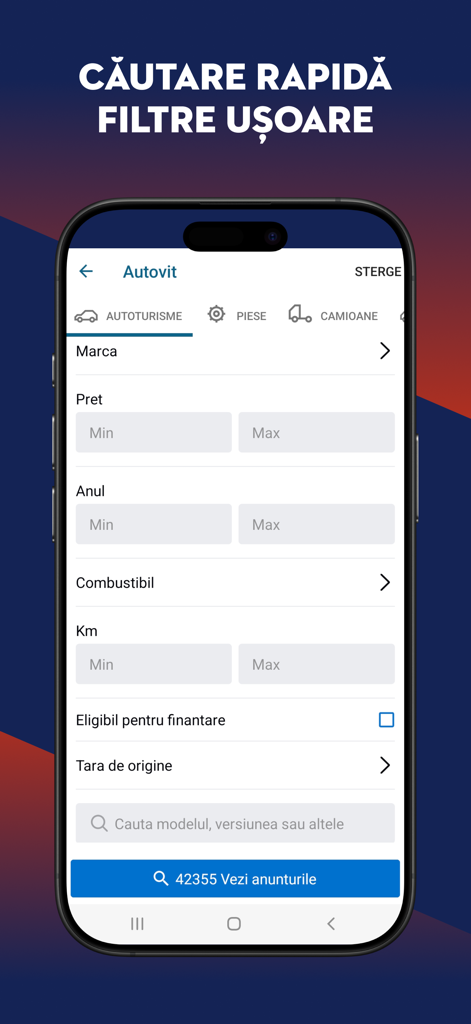 Autovit.ro:  Car Marketplace - Autovit mobile app car search interface with filters