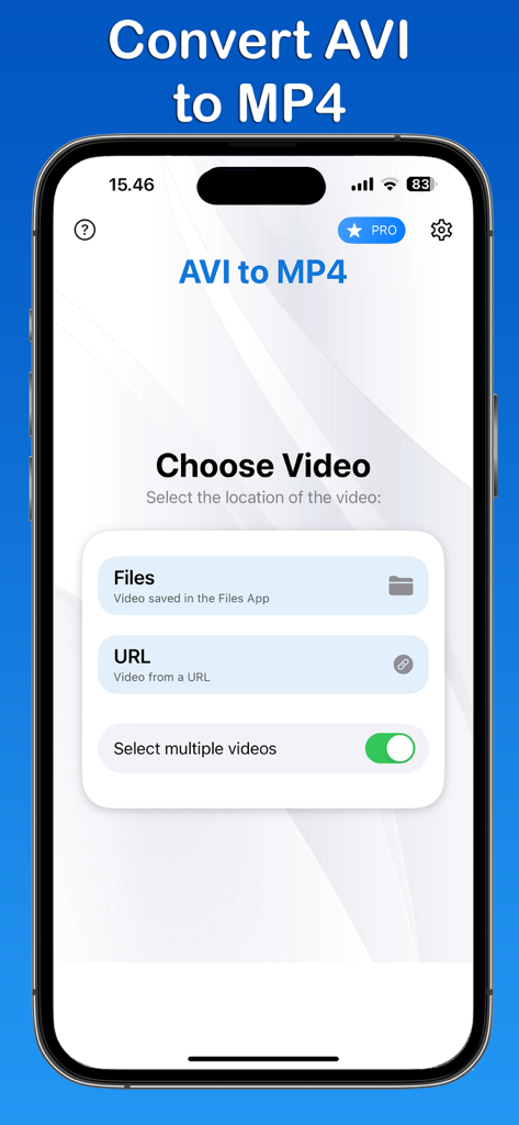 AVI to MP4 Converter - Screenshot of the AVI to MP4 Converter app on iPhone showing options to select videos from Files or a URL with a toggle for batch conversion.