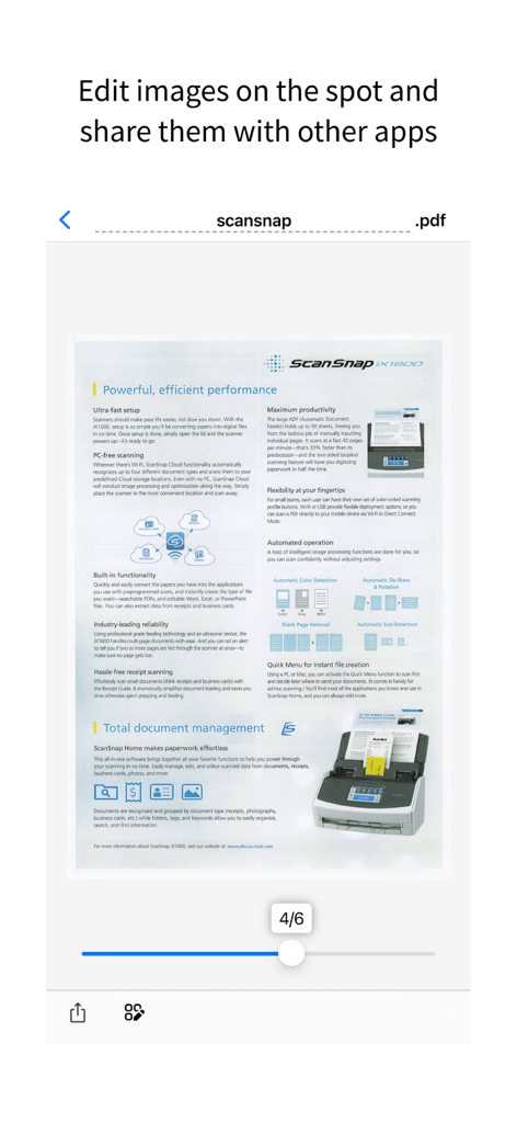 ScanSnap Home - Aperçu dans l'application ScanSnap Home d'un document PDF numérisé prêt à être modifié et partagé