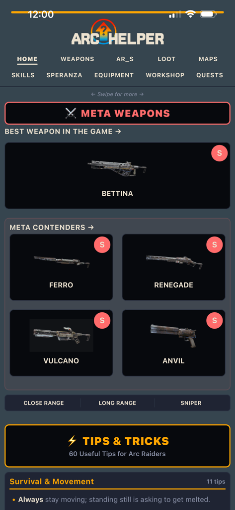 Arc Helper - Interfaz de la aplicación Arc Helper que muestra armas meta de nivel S y consejos tácticos de supervivencia para Arc Raiders