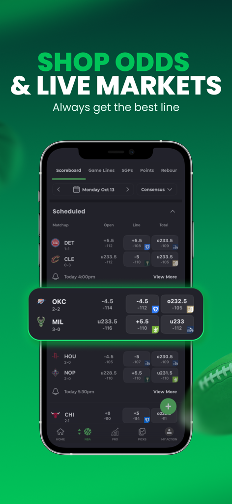Action Network app interface showing live NBA betting odds and line shopping comparison across multiple sportsbooks.