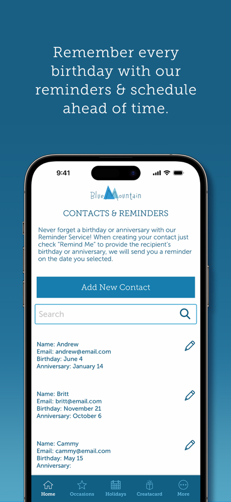 Blue Mountain Ecards - Blue Mountain Ecards contact reminders and birthday scheduling screen.