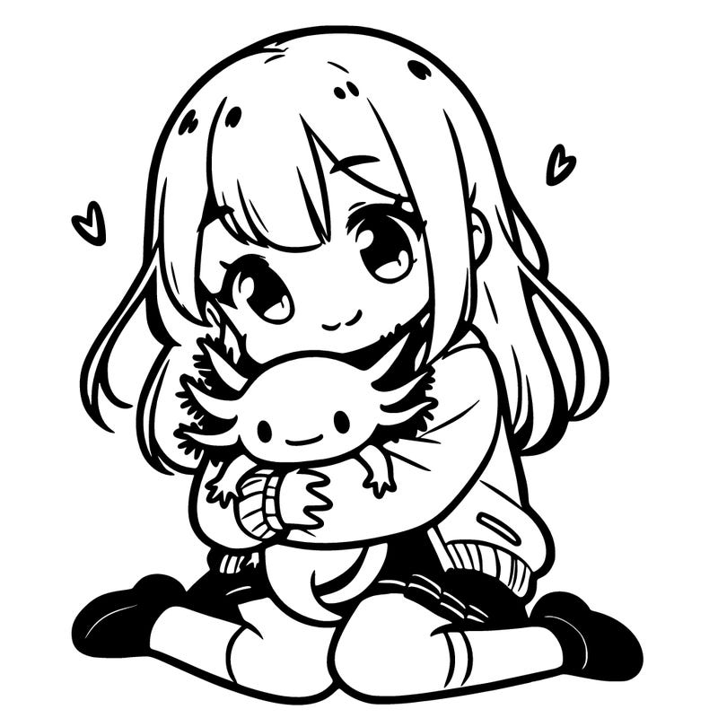 cute manga girl hugging a little axolotl
