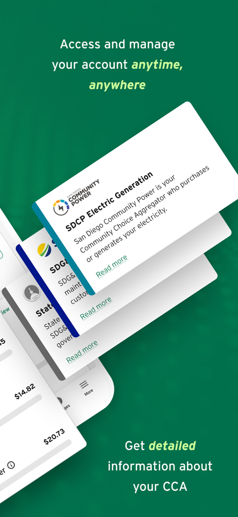 My Energy Center - Mobile app screen displaying information about Community Choice Aggregators and account management features to manage energy accounts anytime
