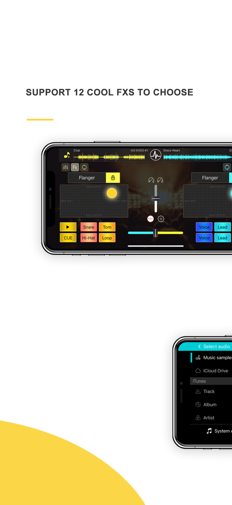 Interfaz de DJ Mixer Studio mostrando los efectos de sonido disponibles y la integración de la biblioteca de música