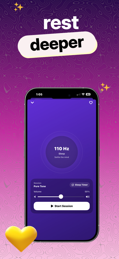 HZ Frequency Generator App - Smartphone screen displaying a 110 Hz sleep frequency session in the HZ Frequency Generator app.