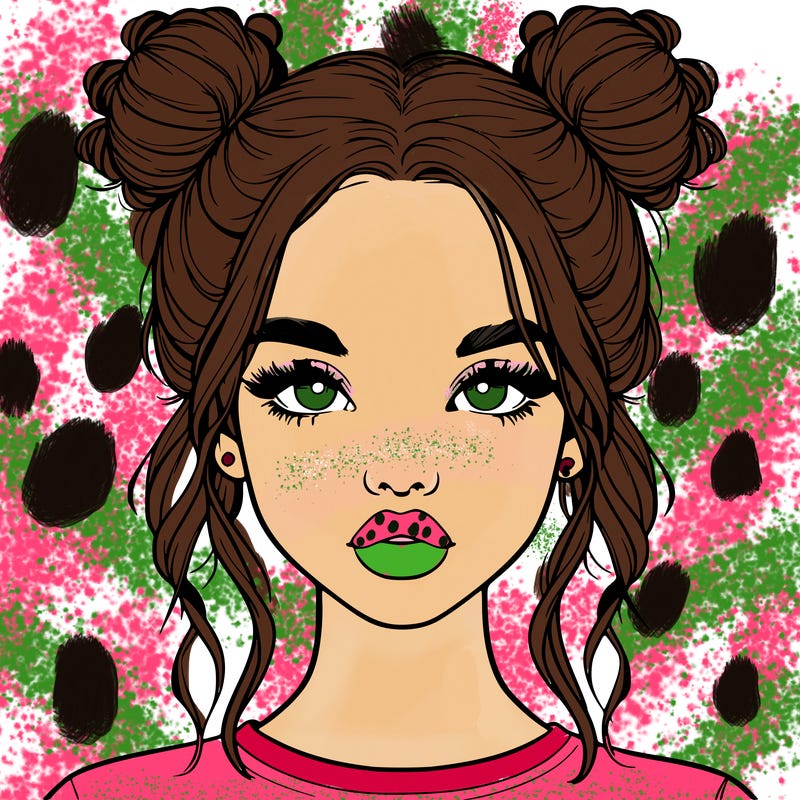 realistic girl with two buns in hair and lips