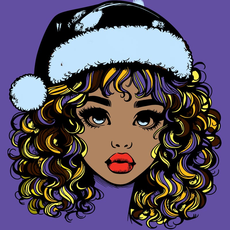 realistic girl with a santa hat curly hair and lips