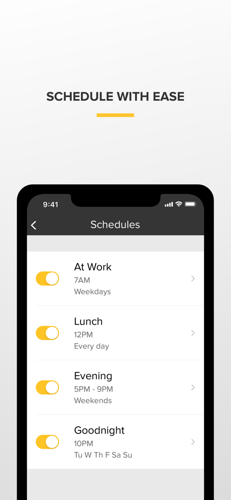 Big Ass Fans - Smartphone-Bildschirm, der das Zeitplanmenü der Big Ass Fans App mit automatisierten Einstellungen für Arbeit, Mittagessen und Schlaf anzeigt
