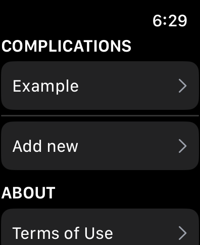 Complicated - complications - Apple Watch menu interface for the Complicated app showing options to manage and add new custom complications