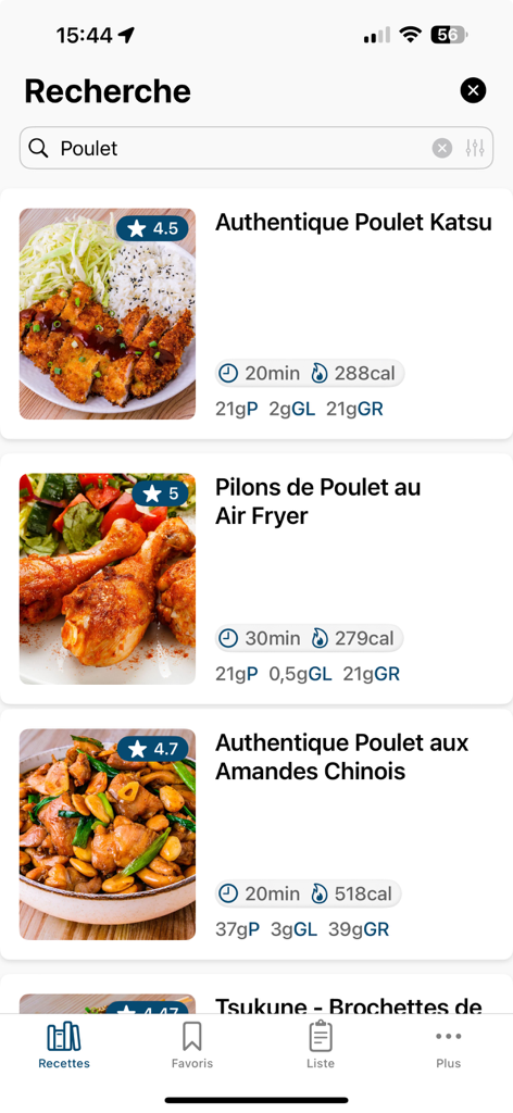 Cuisine Asiatique Maison - Pantalla de la aplicación móvil mostrando resultados de búsqueda de recetas de pollo, incluyendo katsu de pollo y pollo con almendras, con valoraciones e información nutricional