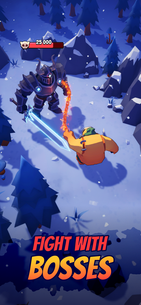 Butcher hero: hook'n'chew RPG - El personaje héroe Butcher usando un gancho de fuego para luchar contra un gran jefe acorazado en un bosque nevado