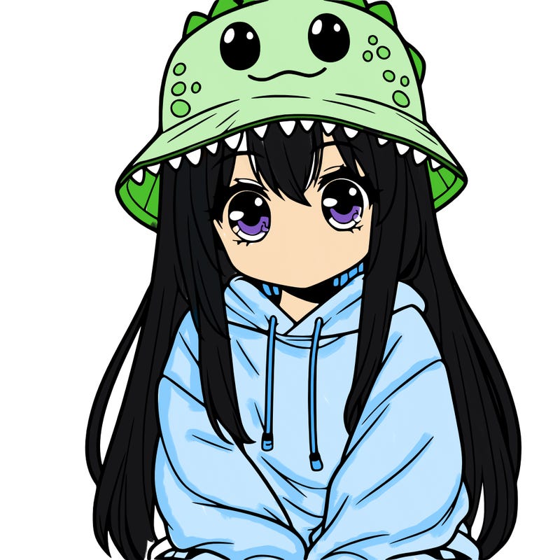 girl with anime shaped eyes with a dinosaur bucket hat oversized sweatshirt long straight hair
