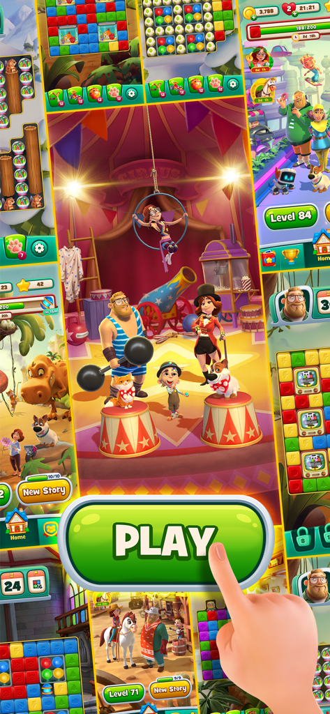 Time Blast: Puzzle Game - Main interface of Time Blast puzzle game featuring characters in a circus theme with a large green play button