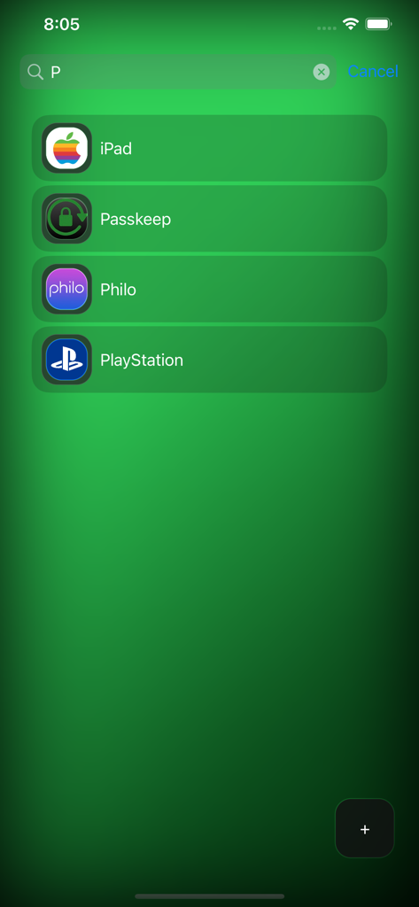 Passkeep app interface showing a list of accounts including iPad and PlayStation