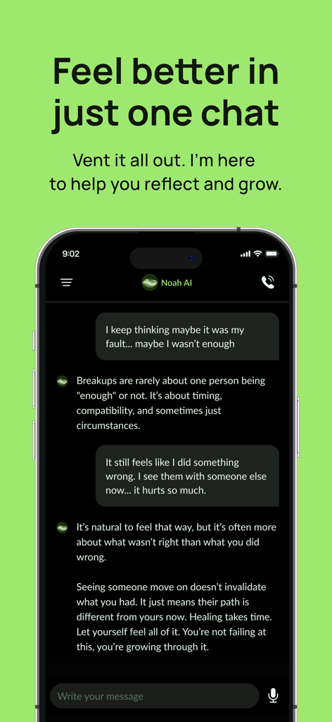 A screenshot of the Noah AI app showing a supportive chat conversation about emotional healing and personal growth.