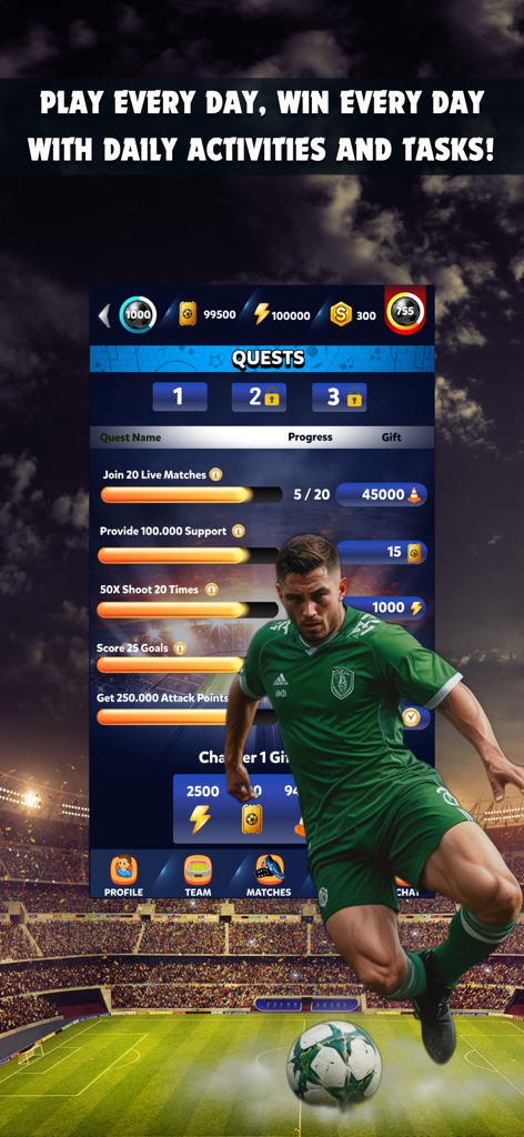 Football Mates: Soccer Game - Daily quests and tasks screen in the Football Mates soccer game