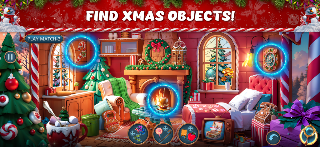 Hidden Objects: Xmas Fables - Encontrando objetos ocultos festivos en una acogedora habitación navideña