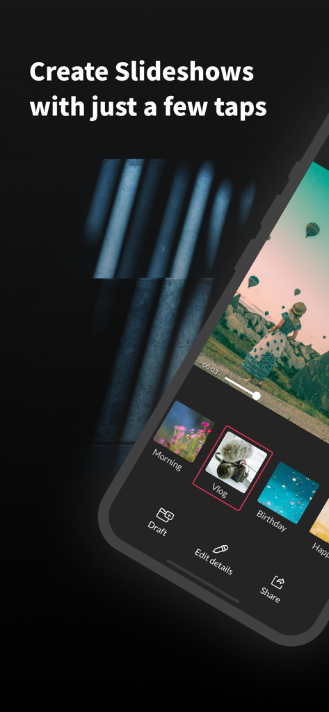 Slideshow Maker & Music Video - PicMusic App-Oberfläche zur schnellen Erstellung von Diashows mit Themen wie Vlog und Geburtstag.