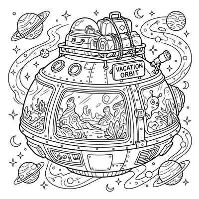 This imaginative coloring page features a spacecraft packed for an exciting cosmic vacation. Discover alien worlds and starry skies as you bring this interstellar adventure to vibrant life.