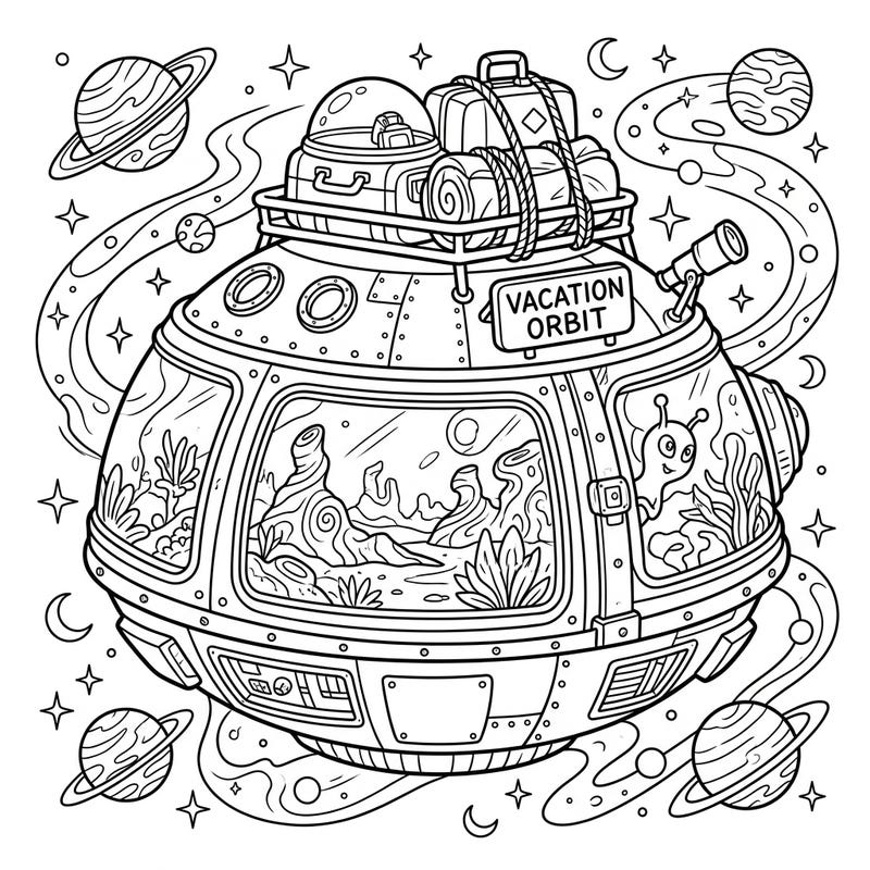 This imaginative coloring page features a spacecraft packed for an exciting cosmic vacation. Discover alien worlds and starry skies as you bring this interstellar adventure to vibrant life.