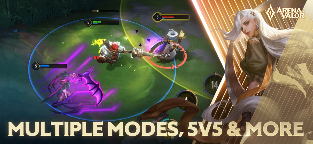 Jugabilidad del MOBA 5c5 Arena of Valor mostrando héroes en batalla y múltiples modos de juego