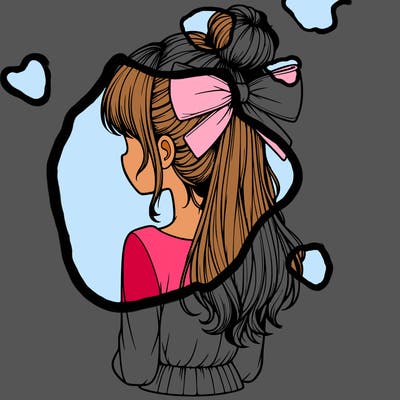 realistic girl  with hip length hair a bun and a big bow on the back of head