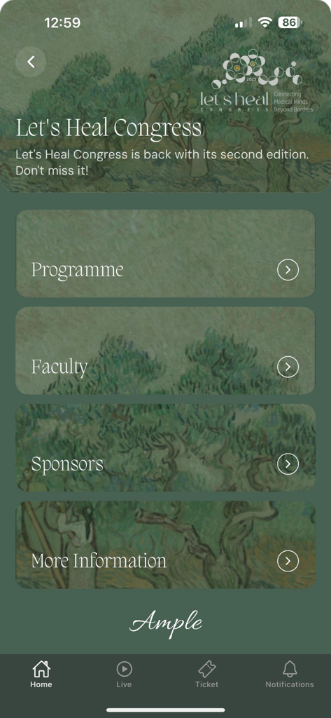 Ample 2.0 - Écran d'accueil de l'application Ample 2.0 pour un congrès médical montrant les options de programme et de faculté.