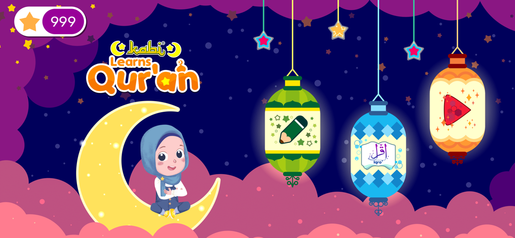 Kabi Learns Qur’an - Kabi Learns Quran app menu featuring a cartoon girl on a crescent moon and educational icons on hanging lanterns.